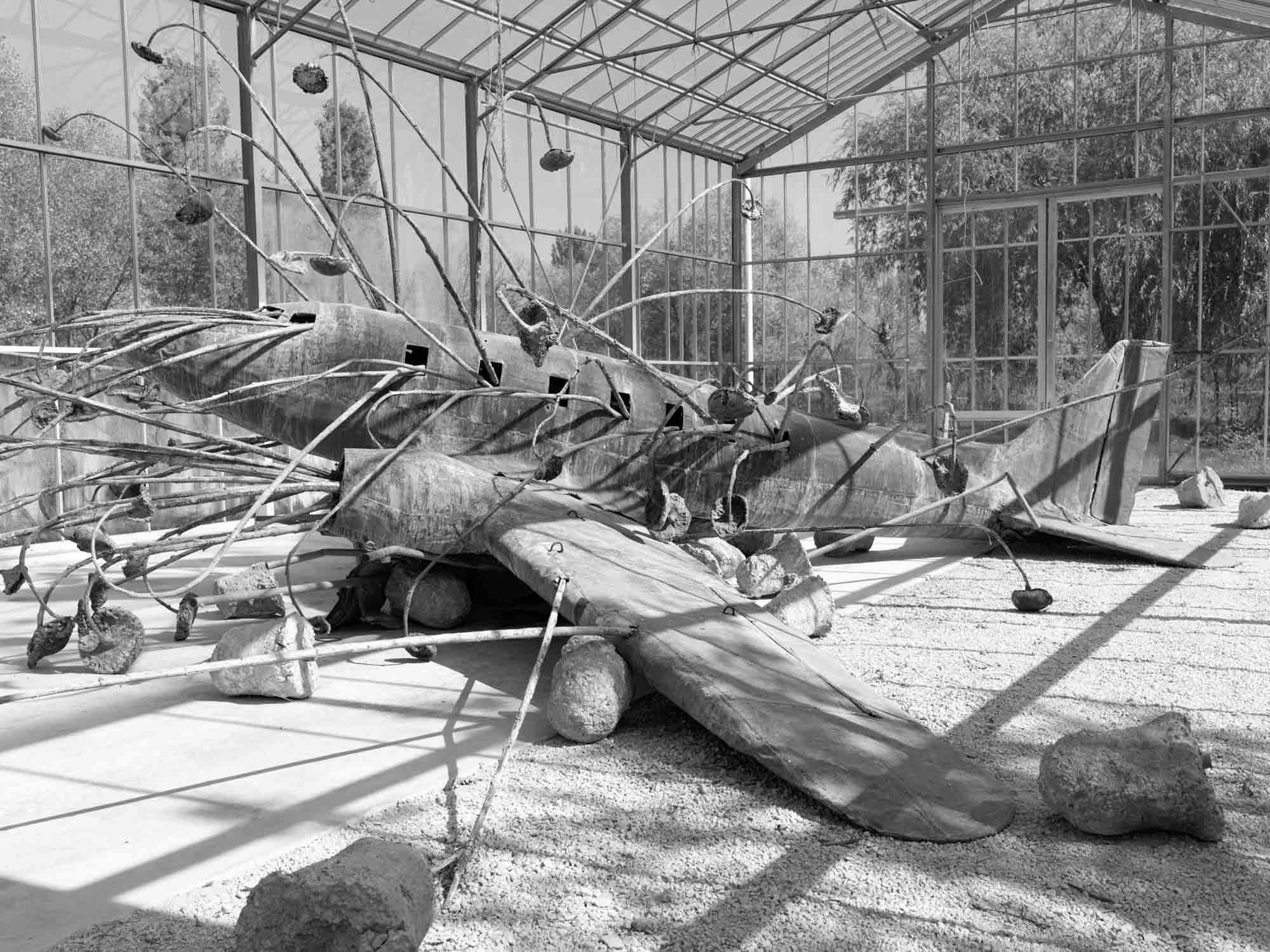 Large greenhouse with lead plane sculpture